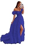 QQcute Off Shoulder Feather Royal Blue Prom Dress Ruffles Tulle Ball Gown Long Slit Formal Dress for