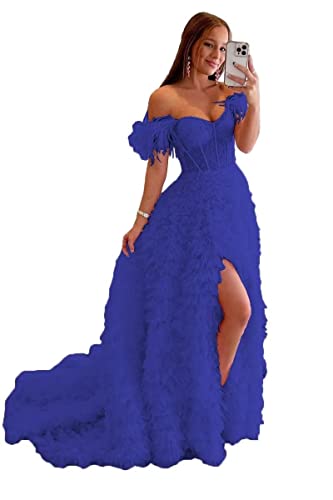 Qqcute Off Shoulder Feather Royal Blue Prom Dress Ruffles Tulle Ball Gown Long Slit Formal Dress For Women Corset Formal Evening Gowns(24) #TOP18