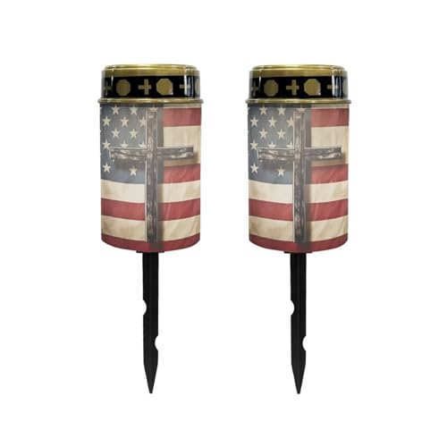 Image of Poceacles Cross Solar Pathway Lights Outdoor Grave Solar Lights Outside Waterproof Cemetery Flameless Candles Outdoor Solar Candle Grave Markers Eternal Decor, American Flag Cross, Pack of 2