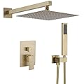 BWE Brushed Gold Shower Faucets Sets 10 Inch Square Bathroom Luxury Rain Shower Head with Handheld Spray Wall Mounted Shower System Rough-in Valve and Trim Included