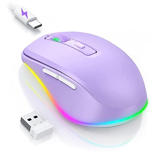 Wireless Mouse Jiggler – LED Wireless Mice with Build-in Mouse Mover, Rechargeable Moving Mouse for Laptop with Undetectable Random Movement Keeps Computers Awake – Purple