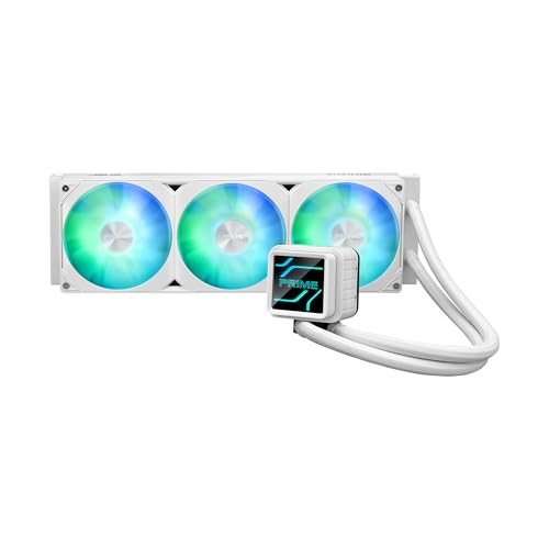 ASUS Prime LC 360 ARGB White Edition all-in-one CPU liquid cooler with special CPU contact area & finned channel, water block with infinity mirror lens options, pre-installed ARGB fans & Aura lighting
