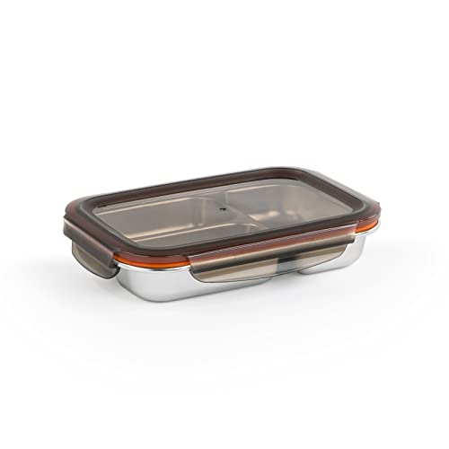 GLASSLOCK Cuitisan TO-GO 560ml luftdichte Frischhaltedose aus Edelstahl mit Clip-Verschlussdeckel und praktischer Unterteilung, mikrowellen- und ofengeeignet, Spülmaschine, Tiefkühler EC4181