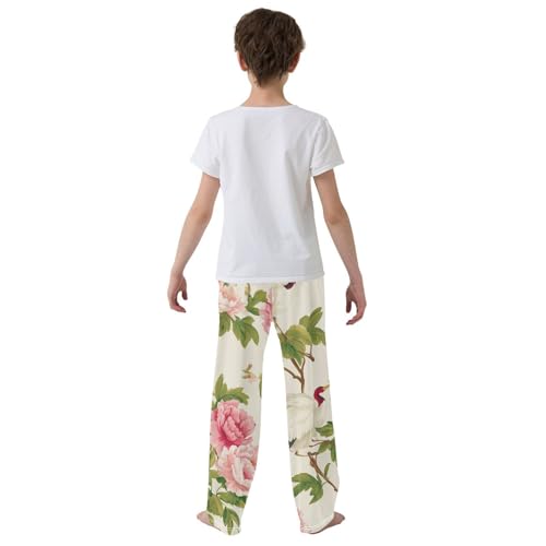 Crane Birds Peony Boys Long Pants Soft Trousers Elastic Waist Kids Lounge Bottoms with Pockets S-XL3