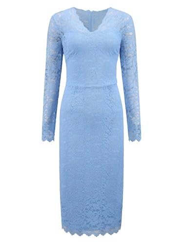 Image of Hobemty Women's Floral Lace Dress V Neck Long Sleeve Cocktail Wedding Bodycon Pencil Dresses