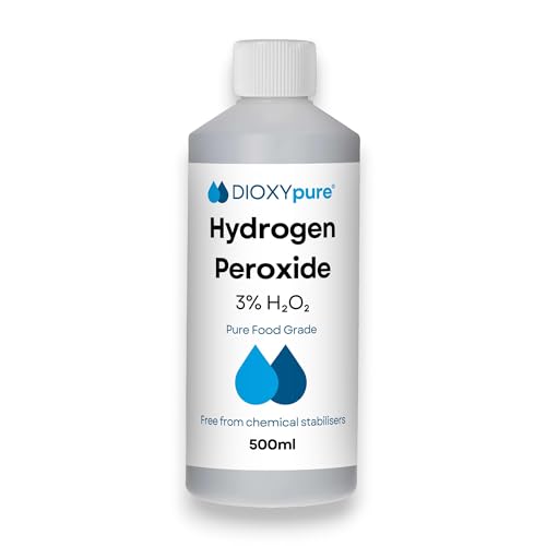 Peróxido de hidrógeno de grado alimenticio 3% – 500 ml – H2O2 – Agua oxigenada – Sin estabilizadores ni aditivos – Limpiador natural multiusos – Tapón de seguridad infantil