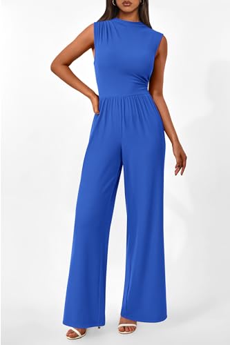 Image of PRETTYGARDEN Women's Summer Dressy Casual Jumpsuits | Cozy Ribbed Fabric, Sleeveless Mock Neck, Back Zipper, Pockets, Wide Leg Pants Rompers, Fashion Clothing, One Piece Outfits