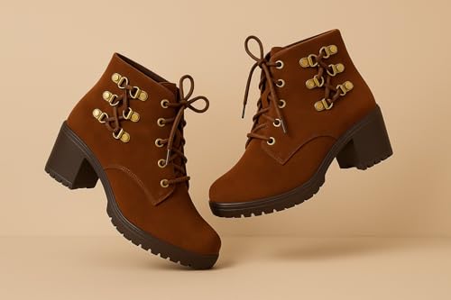 Image of Women's Ankle Boots | Stylish & Trendy Lace Up Design Fashion High Ankle Chelsea Boot with Heel | Durable Suede Leather Stylish Block Heeled Western Boots For Girls & Women
