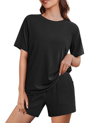 Ekouaer Schlafanzug Damen Kurz Pyjama Set Sommer Nachtwäsche Shorty Schlafanzüge Kurzarm Hausanzug Rundhals Loungewear Schwarz S