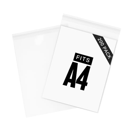 HNTR Bolsas de celofán A4 para impresiones | Paquete de 200 | Fundas de plástico A4 | Bolsas de celofán transparentes | Bolsas de celofán autosellantes de archivo para impresiones artísticas y