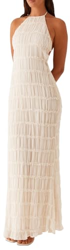 Flowy Boho Beach Dress for Women Halter Backless Smocked Vacation Long Dress Sexy Off Shoulder Resort Maxi Sundress