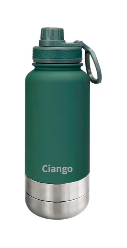 CIANGO: Botella de acero inoxidable portátil Premium de 1 litro con dos cuencos desenroscables para agua y comida – Accesorios para mascotas – Viaje (verde, 1 litro)