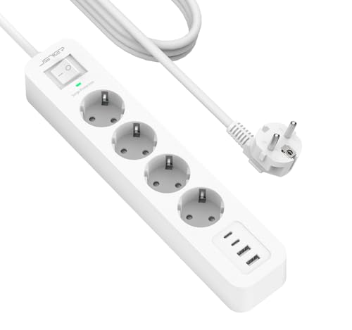 JSVER Regleta Enchufe,4 Puertos de (3 USB A+1 USB C) y 4 Tomas Regleta Proteccion Sobretension Enchufe Alargador Multiple Carga para iPad iPhone Tablets Cable 4m Blanco