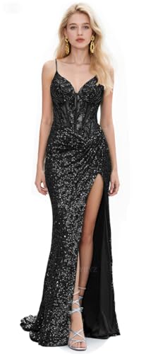 CYJJYZ Spaghetti Strap Sequin Prom Dresses with Slit 2026 Sparkly Lace Appliques Mermaid Formal Evening Gown for Women