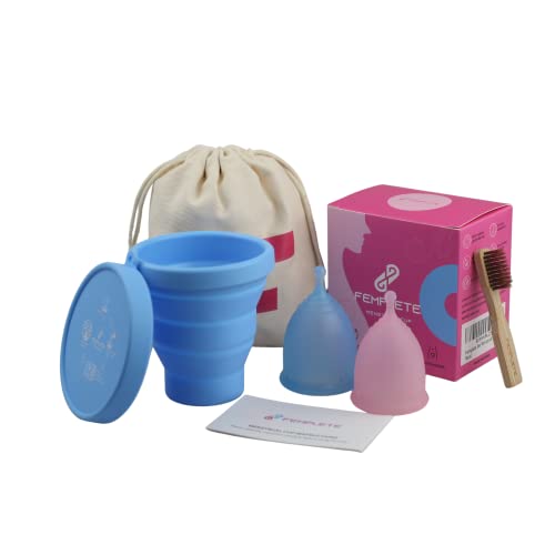 Femplete Vasos menstruales, juego de 2 vasos grandes, con esterilizador de copa menstrual, cepillo de bambú, taza de silicona de grado médico, higiene femenina y segura, mejor alternativa a tampones