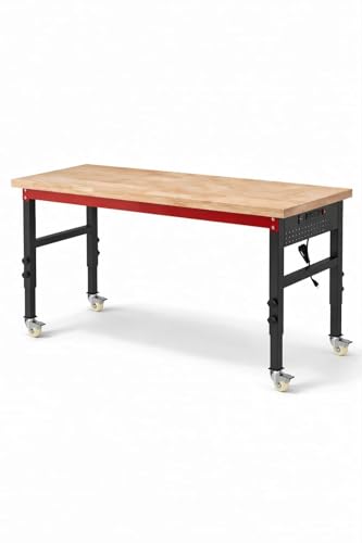 VekMax 70" Heavy Duty Workbench, 2500 LBS Load Capacity Work Bench with 1.2" Laminated Oak Wood Top & Reinforced Steel Frame, Adjustable Height Work Table for Garage, Workshop, Office, Home (Casters)