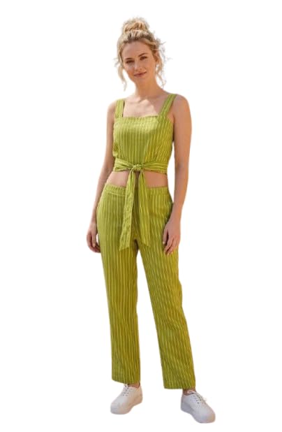 davina fashions Women's Co-Ord Set, Green Striped Crop Top with Tie-Front and Straight Trousers Size L-picture-29