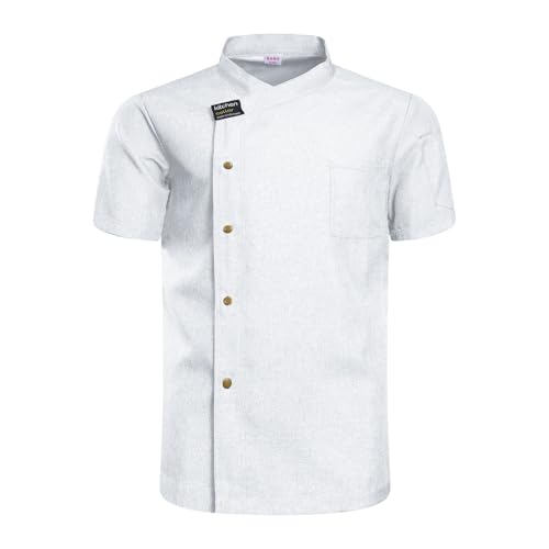 Chaqueta Chef para Hombres y Mujeres Camisa de Cocinero de Manga Corta, Uniforme de Cocina Transpirable,Ropa de Trabajo(White,L)