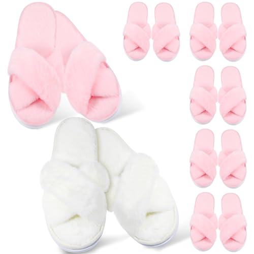 Image of JenPen 7 Pairs Bridesmaids Slippers Women's Cross Band Fuzzy Bachelorette Party Slippers for Wedding Bridal Party