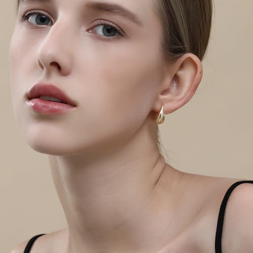 Image of Apsvo Chunky 14K Gold Plated Hoop Earrings for Women, Lightweight Waterdrop Hollow Open Hoops, Hypoallergenic Dupes Earrings