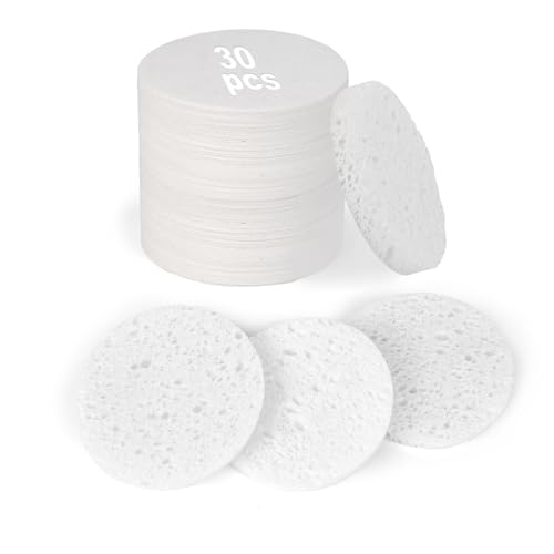 HUAXIN BIOTECHNOLOGY 30-Count Compressed Facial Sponges 100% Natural Cellulose Cosmetic Make Up Sponges for Face Daily Facial Cleansing Exfoliating Makeup Removal(White)