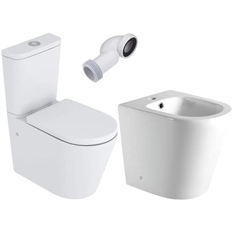 Pack Wc Inodoro Completo Rimless Redondo de Fondo Reducido con Cisterna y Tapa con Caída Amortiguada + Bidet a Suelo de Baño Redondo Cover