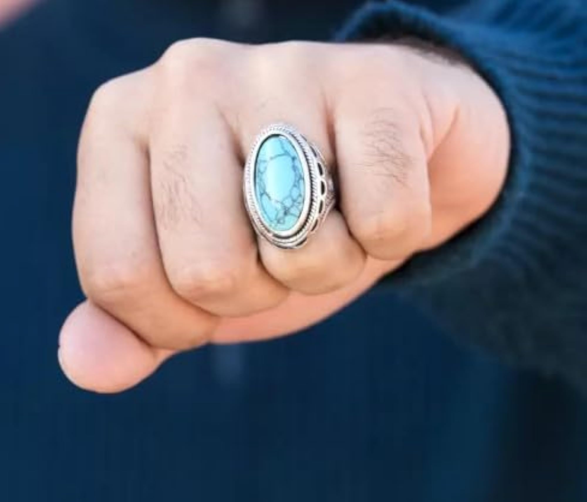 Turquoise Stone Metal Biker Ring for Men