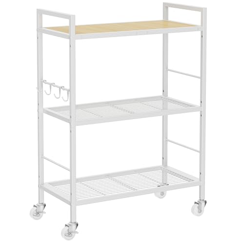 XIVIRACK 3-Tier Metal Storage Rack with Industrial Wheels,Mesh Shelving Unit with Wooden Table top,Adjustable Shelf,23.6-Inch Width,for Kitchen,Laundry,Pantry,Plant,Oak panel and white frame