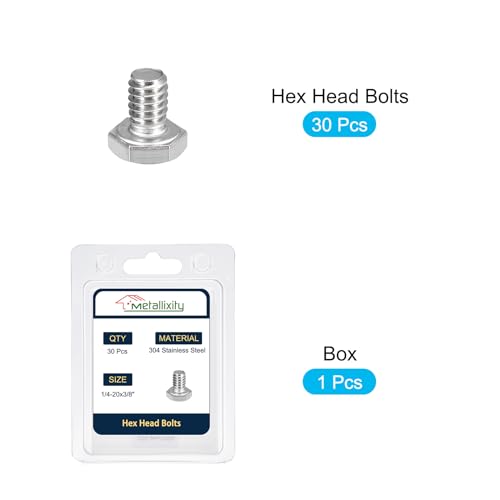 Image of METALLIXITY Hex Head Bolts (1 /4-20 x 3 /8 inch) 30Pcs, 304 Stainless Steel 18-8, Fully Threaded, External Hex Drive, Plain Finish, Hex Head Screw Bolt, Silver