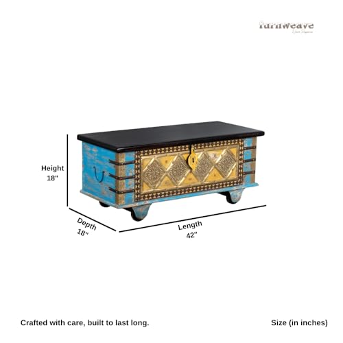 Image of Funi Wooden Trunk Box for Storage | Solid Wood Coffee Table for Living Room | Handcrafted Center Tea Table with Sandook Storage for Living Room | Pitara for Home and Bedroom (Blue Distress)