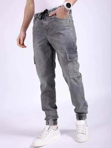 Image of The Indian Garage Co Men Regular Fit Solid Mid-Rise Stretchable Denim Cargo Joggers