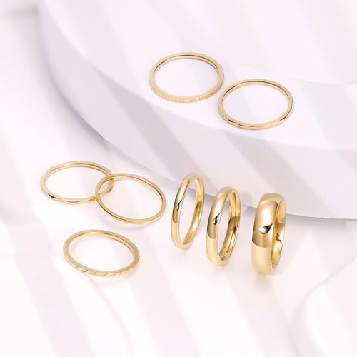 REVOLIA 8Pcs 14K Gold Filled Stainless Steel Knuckle Rings Set for Women Plain Band Stacking Rings Simple Smooth Thumb Midi Rings Comfort Fit 1-5mm Gold Size6