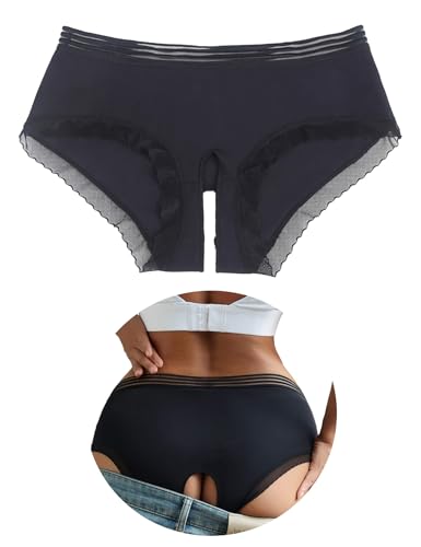 comeondear String Ouvert Femme Sexy Hot Culotte Fendue Tanga Chic Slip Stretch Grande Taille Underwear sous-Vêtements Feminins Respirante Panty Noir,S