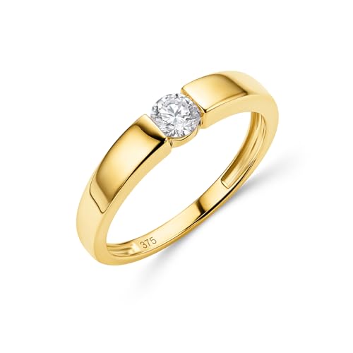 MIORE Anillo de Compromiso de Diamantes para Mujer en Oro Amarillo Macizo 375 9K, con Diamante Solitario 0,25ct, Alianza de Boda Entregada Joyas con Joyero