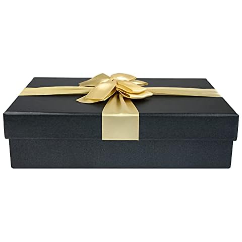 Emartbuy Rigid Gift Box, 24.5 x 17 x 6.5 cm, Black Box with Lid and Gold Satin Ribbon Cover