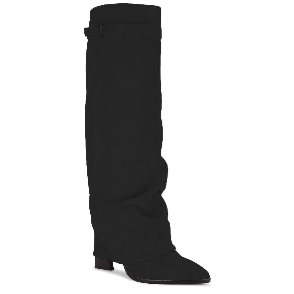 Fold Over Boots for Women Slouchy Knee High Boots with Side Zipper Chunky High Heel Suede Tall Fall