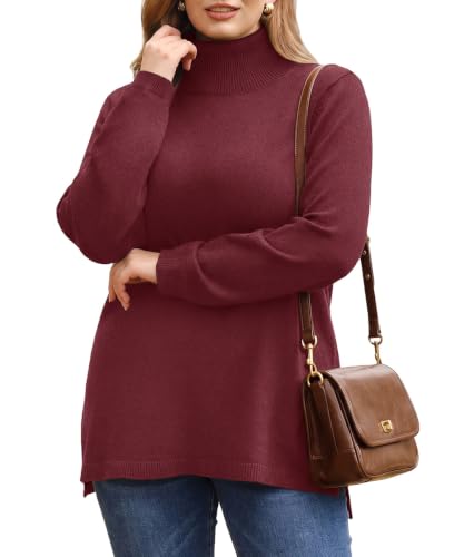 Image of CARCOS Plus Size Sweaters for Women Solid Turtleneck Sweater Long Sleeve Pullover Tops Casual Split Hem Knit Shirts