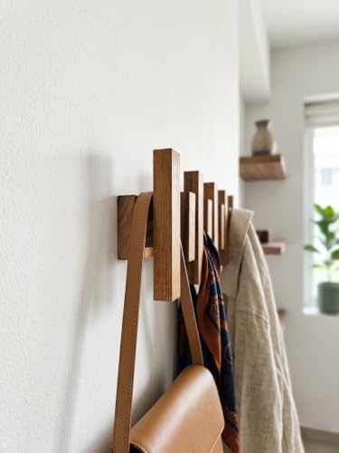 Image of Wooden Wall-Mounted Coat Rack with Multiple Hooks, Natural Wood Finish, Entryway Organiser
