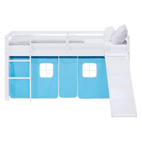 Homestyle4u Lit mezzanine, avec toboggan, sommier à lattes, 90 x 200 cm, blanc, en bois de pin,...