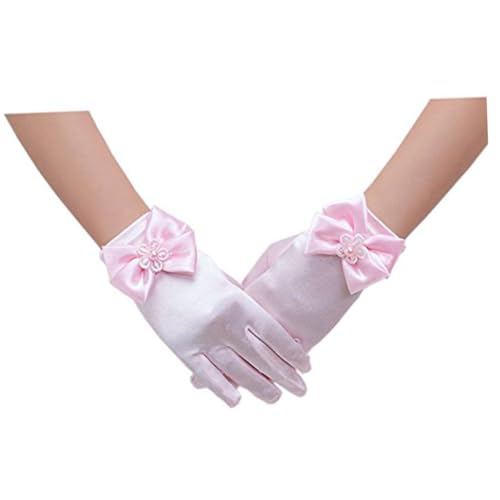 GALPADA Pink Lace Flower Girl Gloves Short Wrist Full Finger Bowknot Design for Weddings Baptism Easter Costume Prom Party Accessories