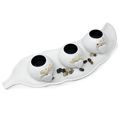 allgala Wooden Candle Holder Tray 3 Ball Orbs Set Tealight Candle Holder Centerpiece with Pebbles on Leaf Tray for Coffee Table Dining Table Accents Bowl for Living Room Décor-White-HD90402