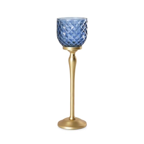 Image of Pure Home Blue Diamond Cut Hurricane - Large | Size: 9 x 9 x 24 cm | Premium Hurricanes for Home Decor | Table Top & Shelf Decor Showpiece | Ideal for Housewarming & Wedding Gifts | Premium | Pack of 1
