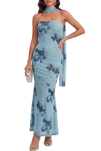 Image of LUXVEER Women's Strapless Tube Dress Mesh Floral Summer Bodycon Long Maxi Cocktail Party Wedding Guest Dresses with Scarf