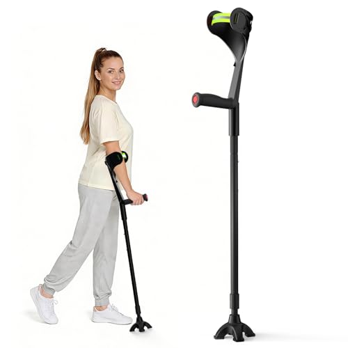 Forearm Crutch for Adults Heavy-Duty Aluminum Arm Crutches Adjustable Forearm Crutches with Ergonomic TPR Grip Quad & Single Tip Forearm Crutch for Seniors Rehab Mobility Single Unit