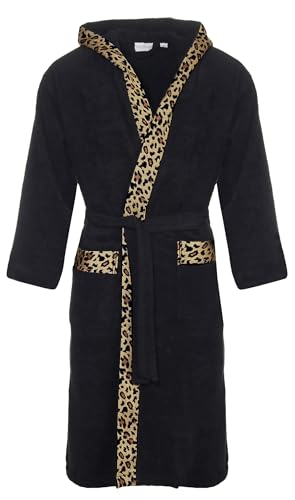 Class Home Collection Bademantel Damen & Herren mit Kapuze – 100% Baumwolle Frottee, weich & saugfähig – OEKO-TEX Leopard Schwarz Gr. XXL