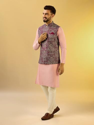 Image of KISAH Men Printed Kurta Jacket Set, Full Sleaves, Knee Length, Straight, Regular Fit, Mandarin Collar Ethnic Wear