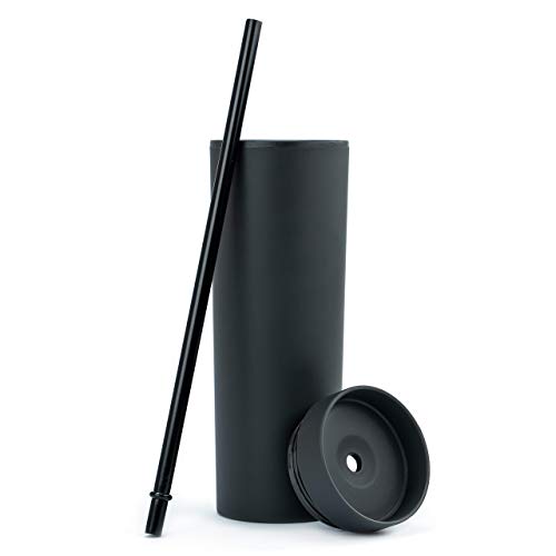 Skinny Tumblers (12 Pack) Matte Pastel Colored Acrylic Tumblers With Lids And Straws | 16Oz Double Wall Plastic Tumblers With Free Straw Cleaner! Reusable Cup With Straw | Vinyl Diy Gifts (Black) #TOP2