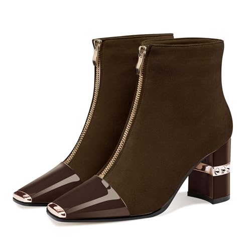 Image of XINIUNIU Women's Ankle Boots Block Chunky Heels Booties Metal Square Toe Suede Front Zipper 3 Inch Short Boot Dress