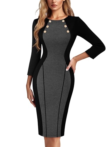 VFSHOW Womens Business Casual Office Work Buttons 3/4 Sleeve Colorblock Cocktail Party Fitted Pencil Sheath Dress