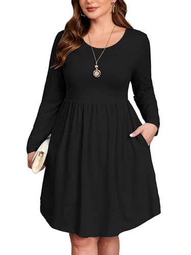 Image of AusLook Women's Plus Size Long Sleeve Midi Dress Casual Empire Waist Loose Flowy Dresses A-Line Boho Long Dress with Pockets